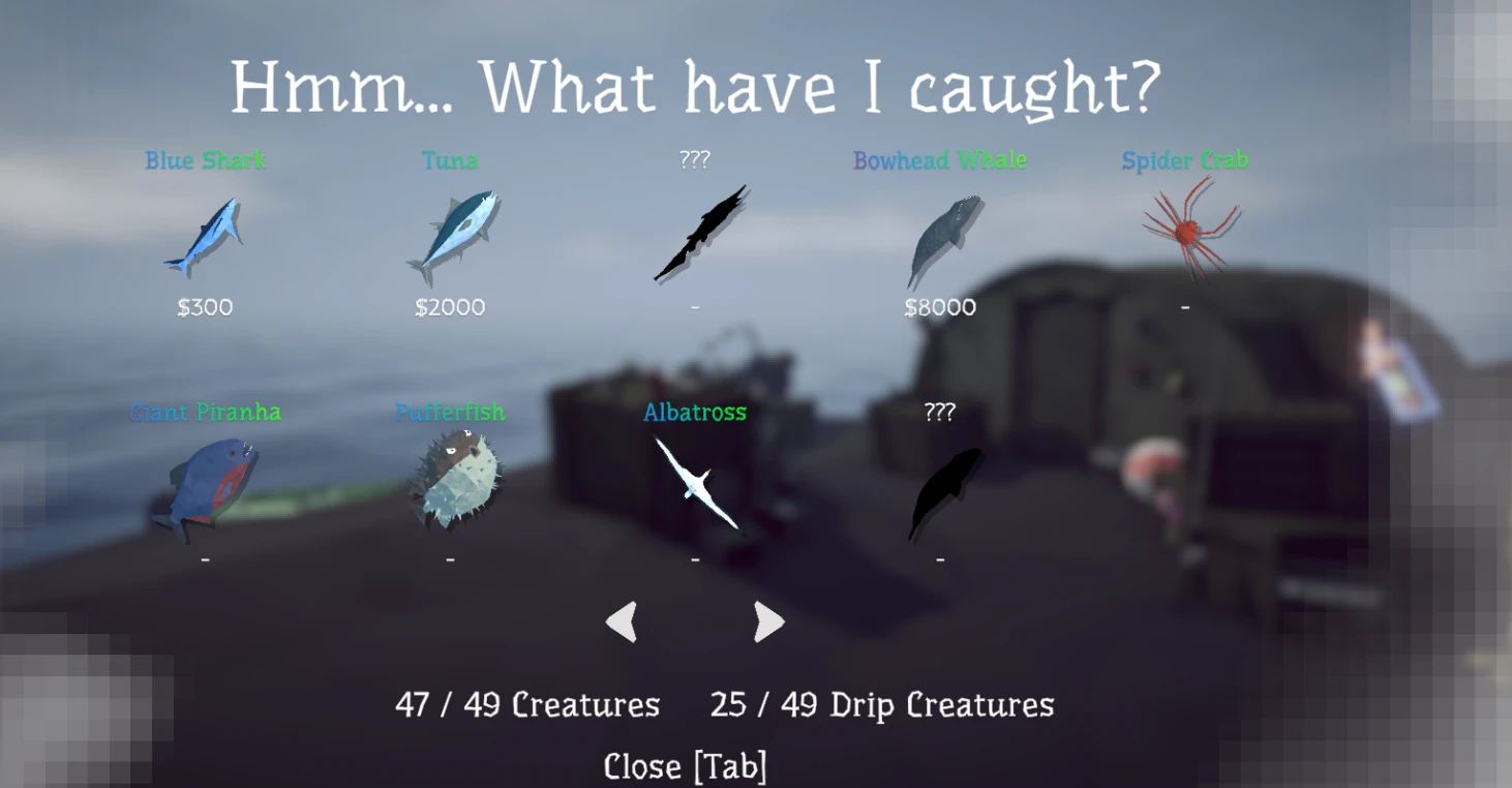 Owner-provided How to Fish encyclopedia capture showing Tuna and Albatross among the special creatures