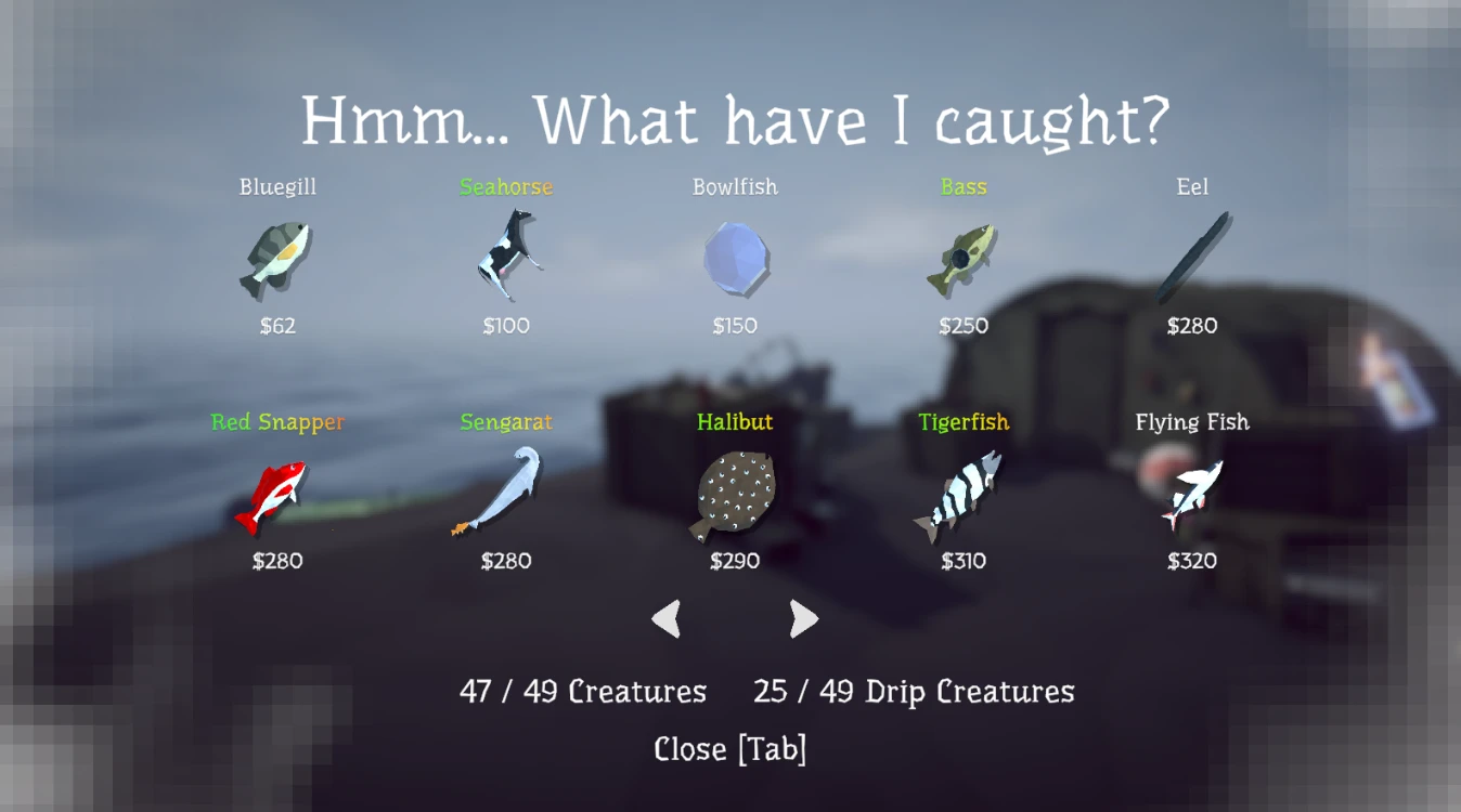 Owner-provided How to Fish encyclopedia capture showing Professional-tier Rocks creatures