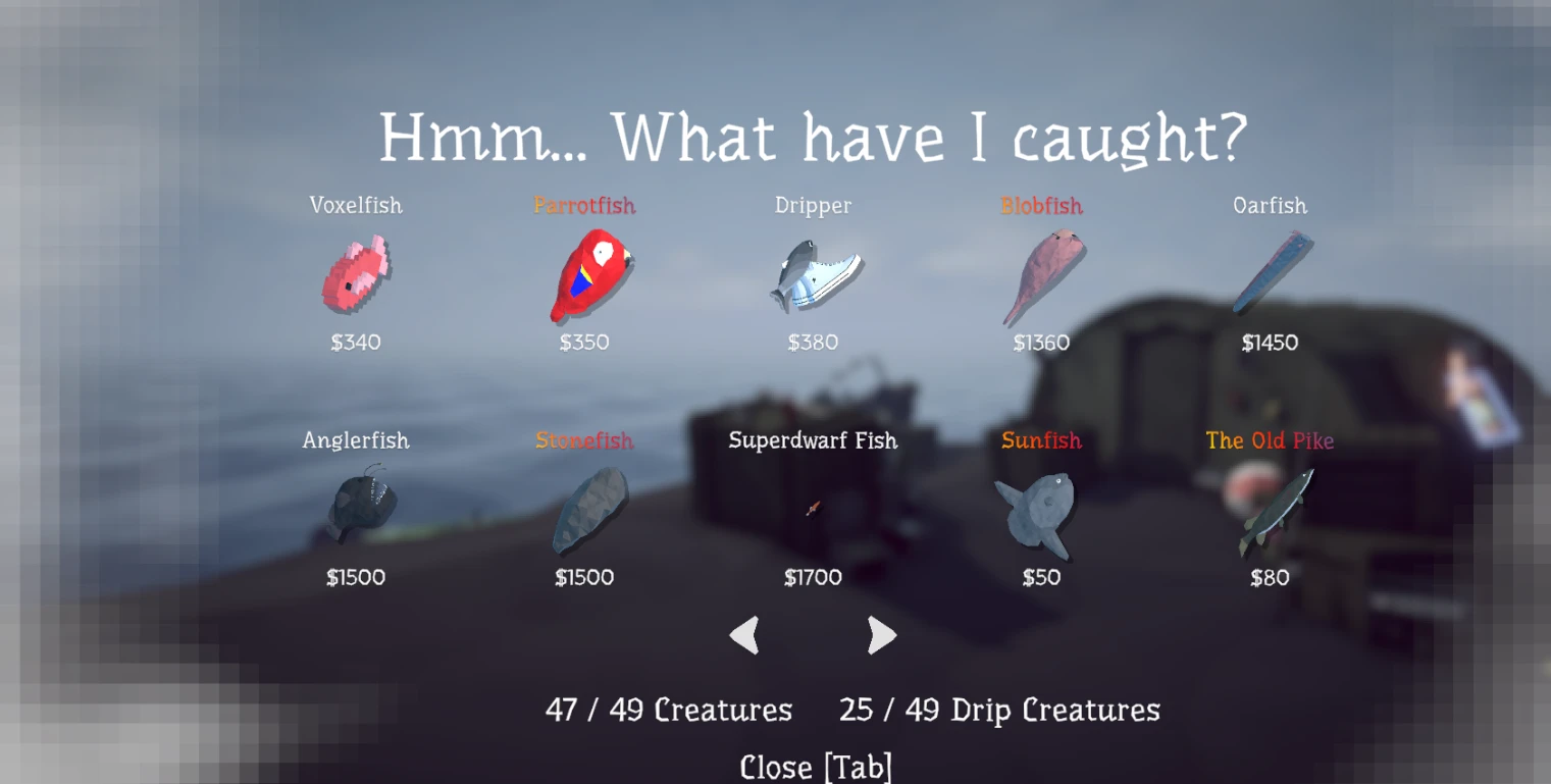 Owner-provided How to Fish encyclopedia capture showing late Professional entries including Voxelfish, Parrotfish and Dripper