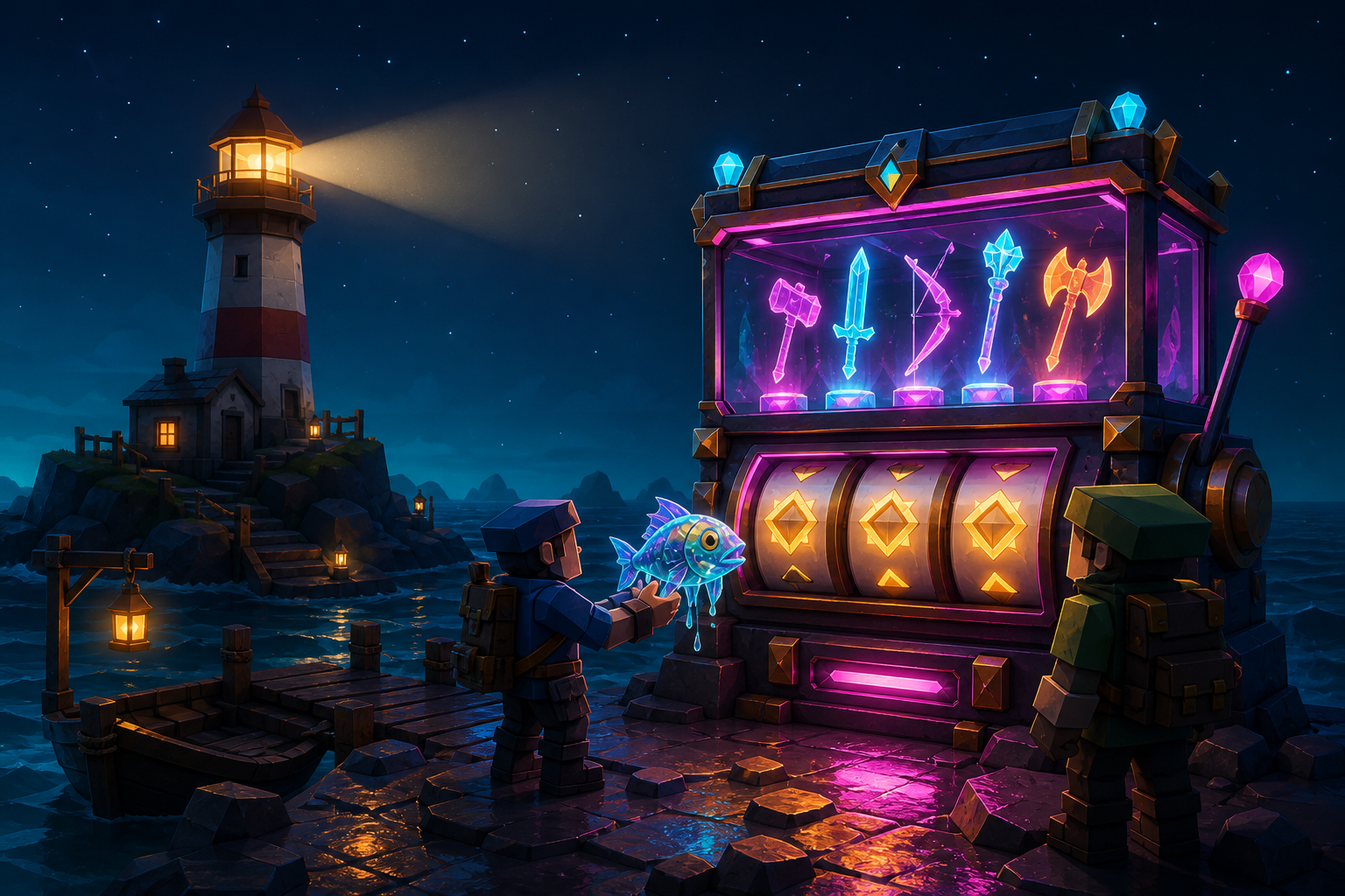 Original low-poly co-op players offering a rare iridescent creature to a neon prize reel near a lighthouse