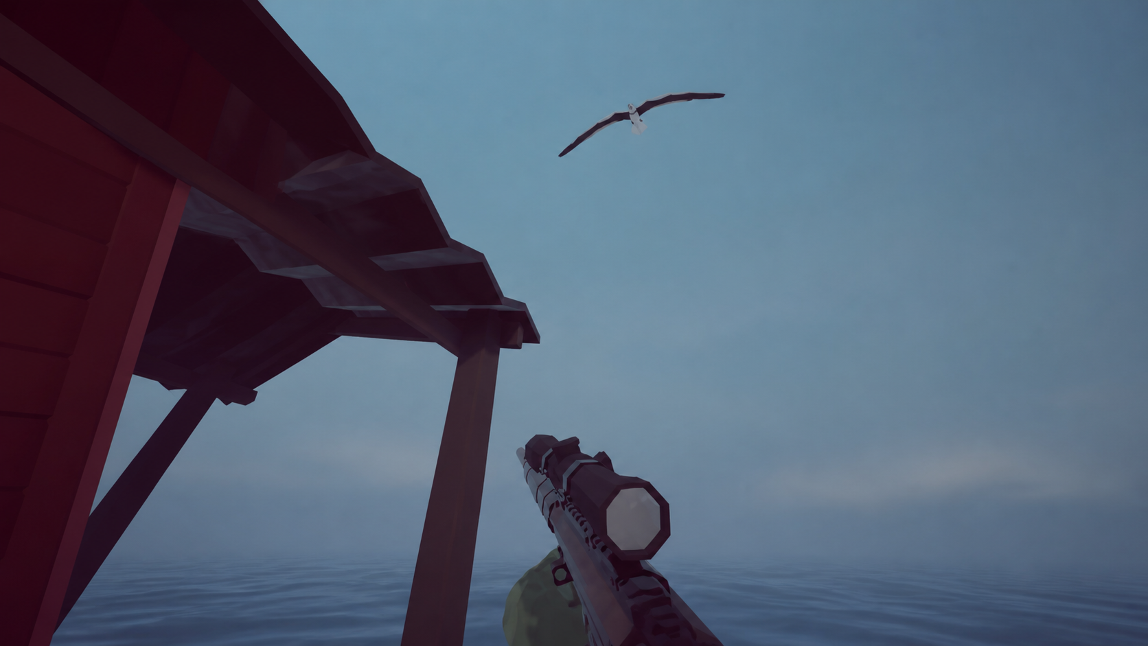 Clean gameplay-style view from under the Rocks awning aiming a scoped rifle at Albatross
