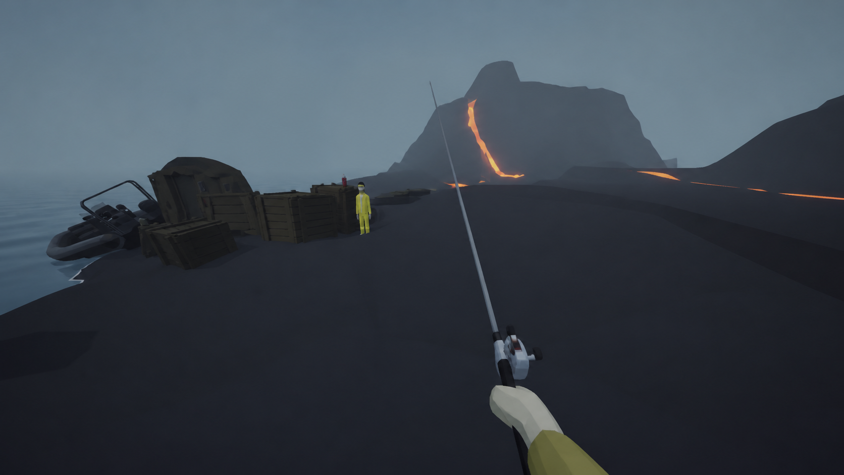 Clean gameplay-style first-person arrival at Volcano with a fishing rod, Scientist, crates and lava ridge