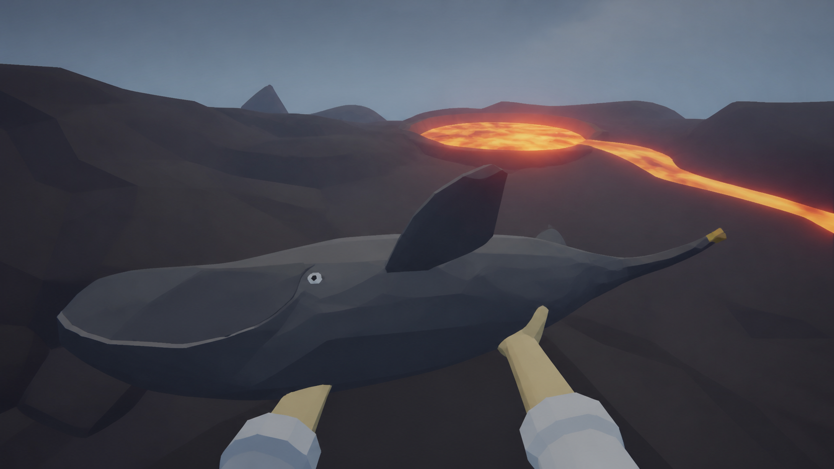 Clean gameplay-style first-person view carrying the whole Bowhead Whale body toward Volcano lava crater