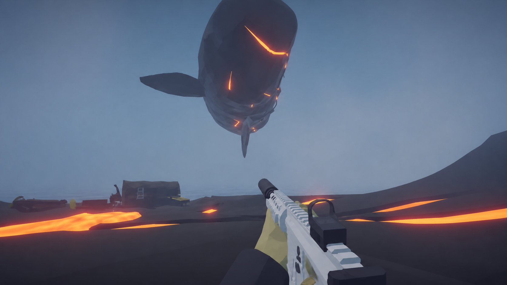 Clean gameplay-style first-person fight against airborne Mutated Bowhead Whale between Volcano lava lanes